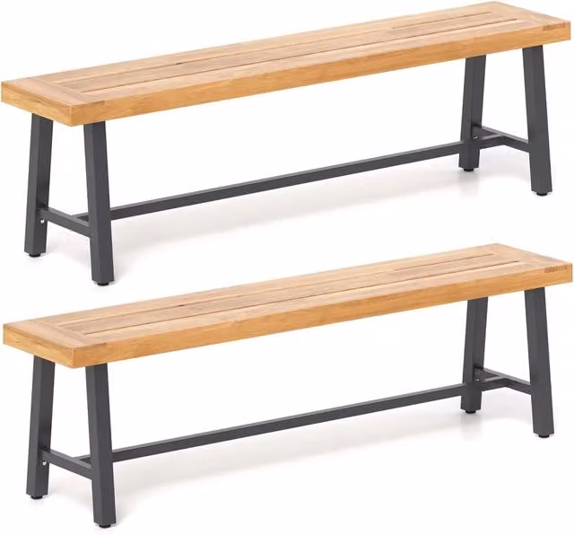 Set di 2 Panchine da Giardino Costway in Legno di Acacia Marrone con Gambe in Metallo, L/P/H: 160 x 32 x 45 cm