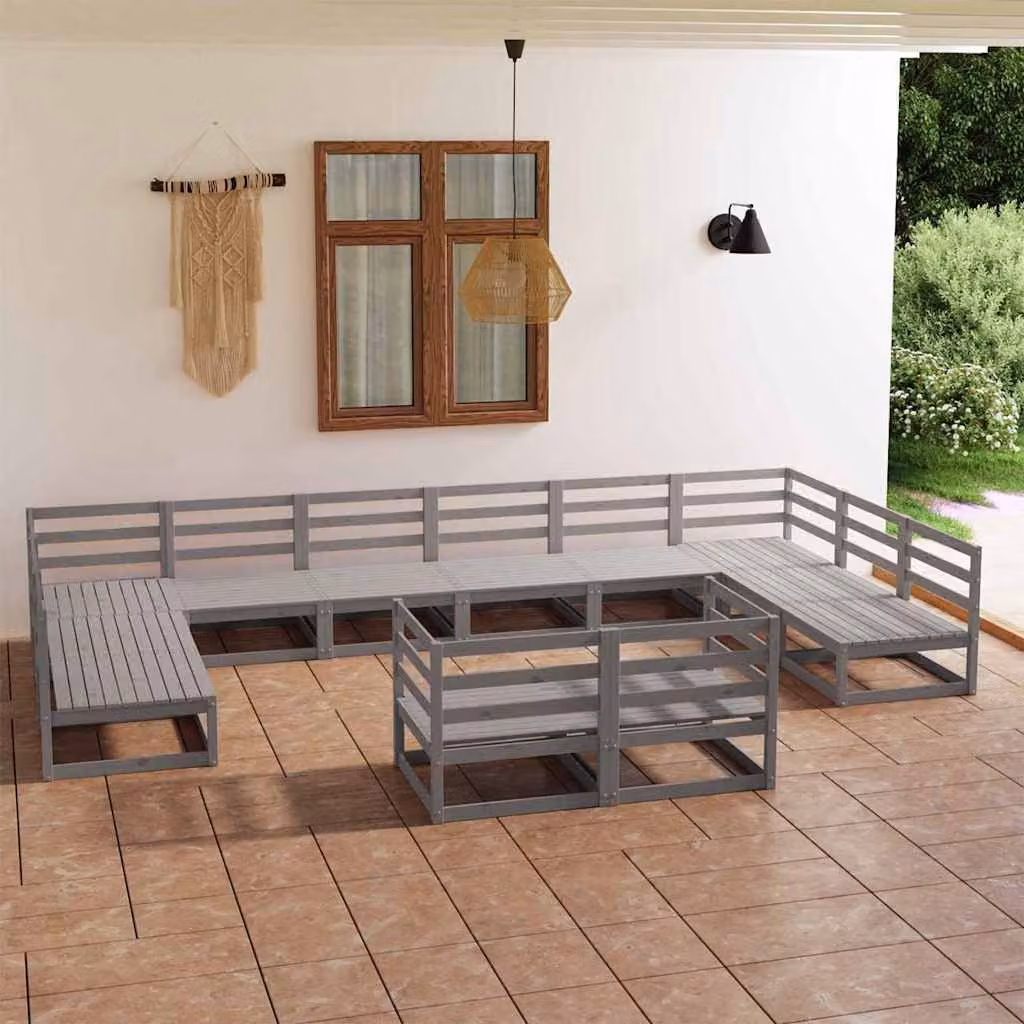 Set di divani da giardino vidaXL a forma di U in legno di pino con cuscini grigi