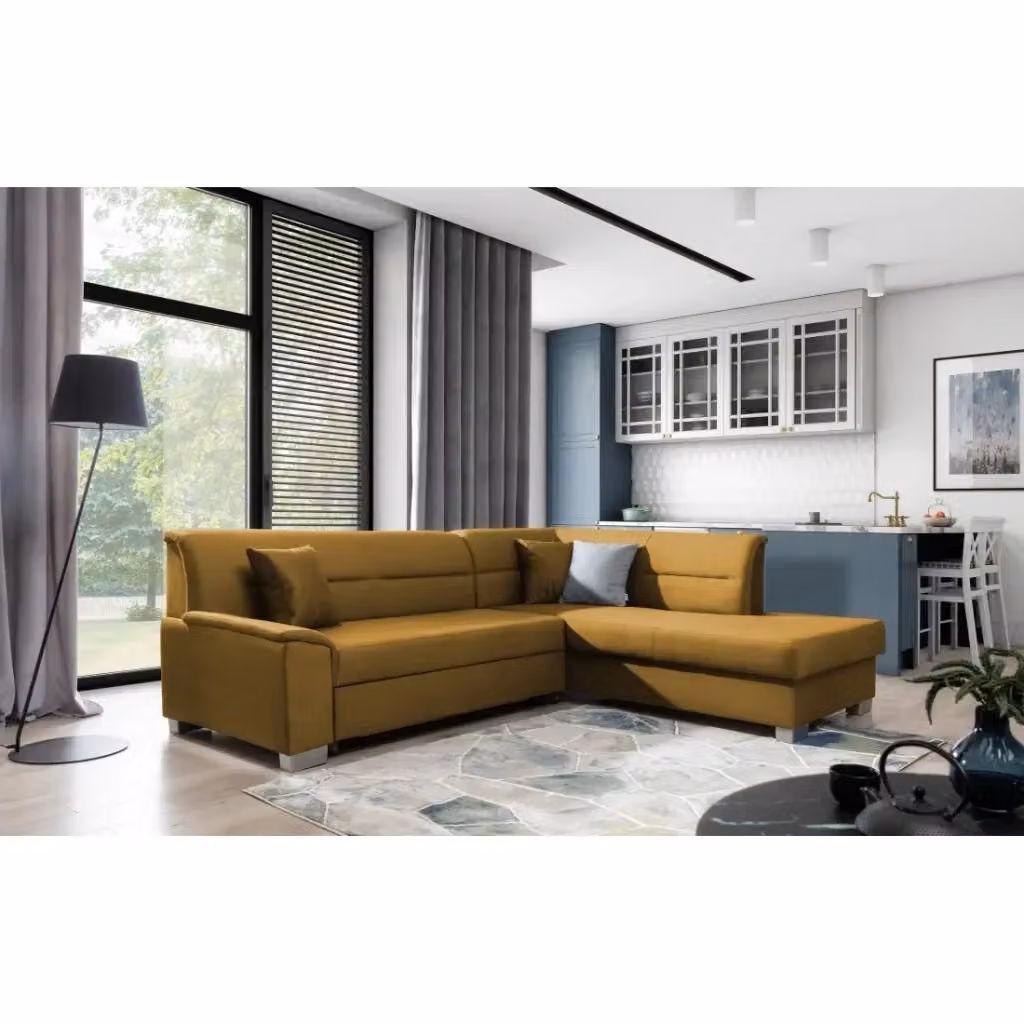 Divano angolare convertibile TROMSO MEUBLORAMA giallo arancio effetto velluto con vano contenitore e funzione letto, angolo destro – 2