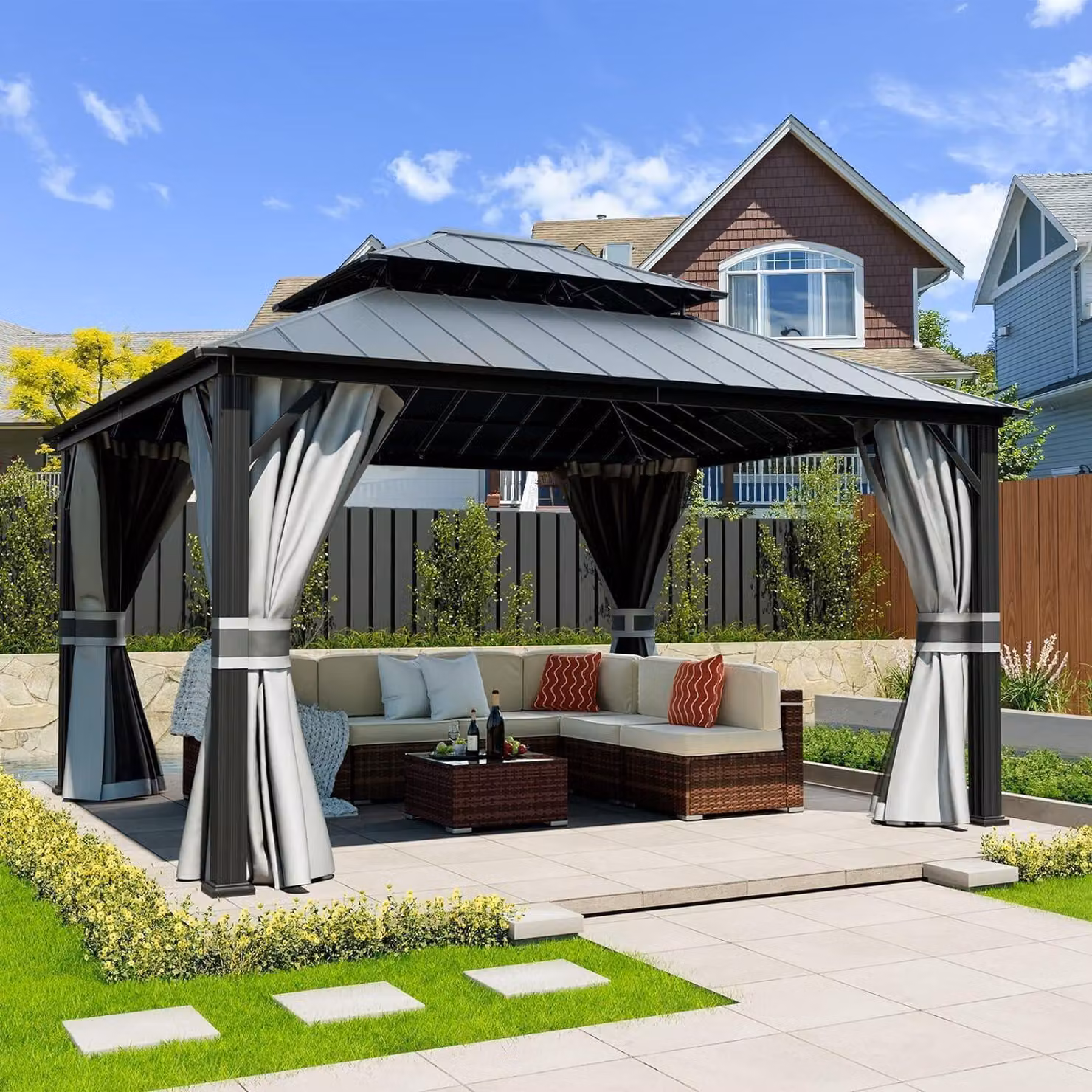 Gazebo da giardino, dimensioni 3,65 x 4,25 m, impermeabile, stabile, con copertura rigida a doppio strato, in alluminio grigio