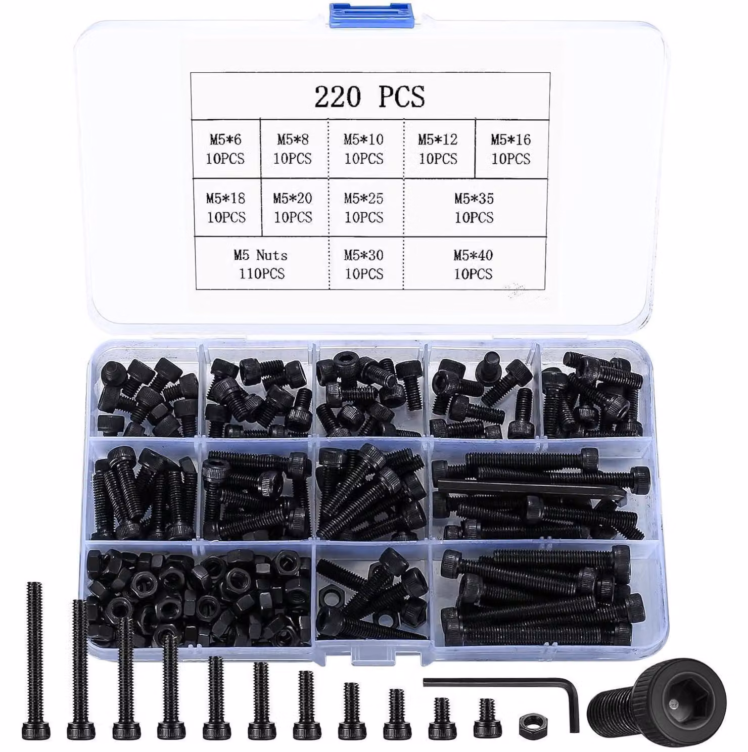 Set di viti M5 a testa esagonale con dadi e rondelle, 220 pezzi, colore nero, inclusi 2 chiavi inglesi