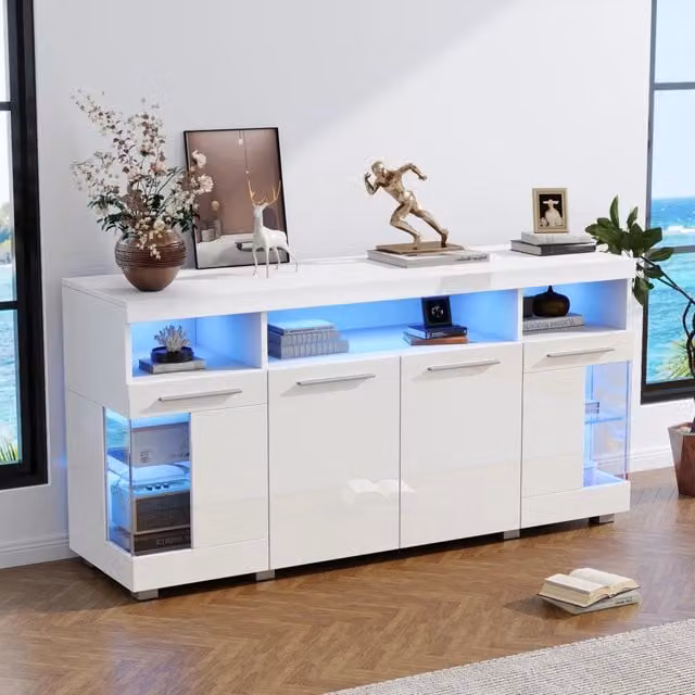 Madia REDOM con LED in MDF e Vetro Temperato Lucido Bianca L: 140 cm, P: 40 cm, H: 70 cm