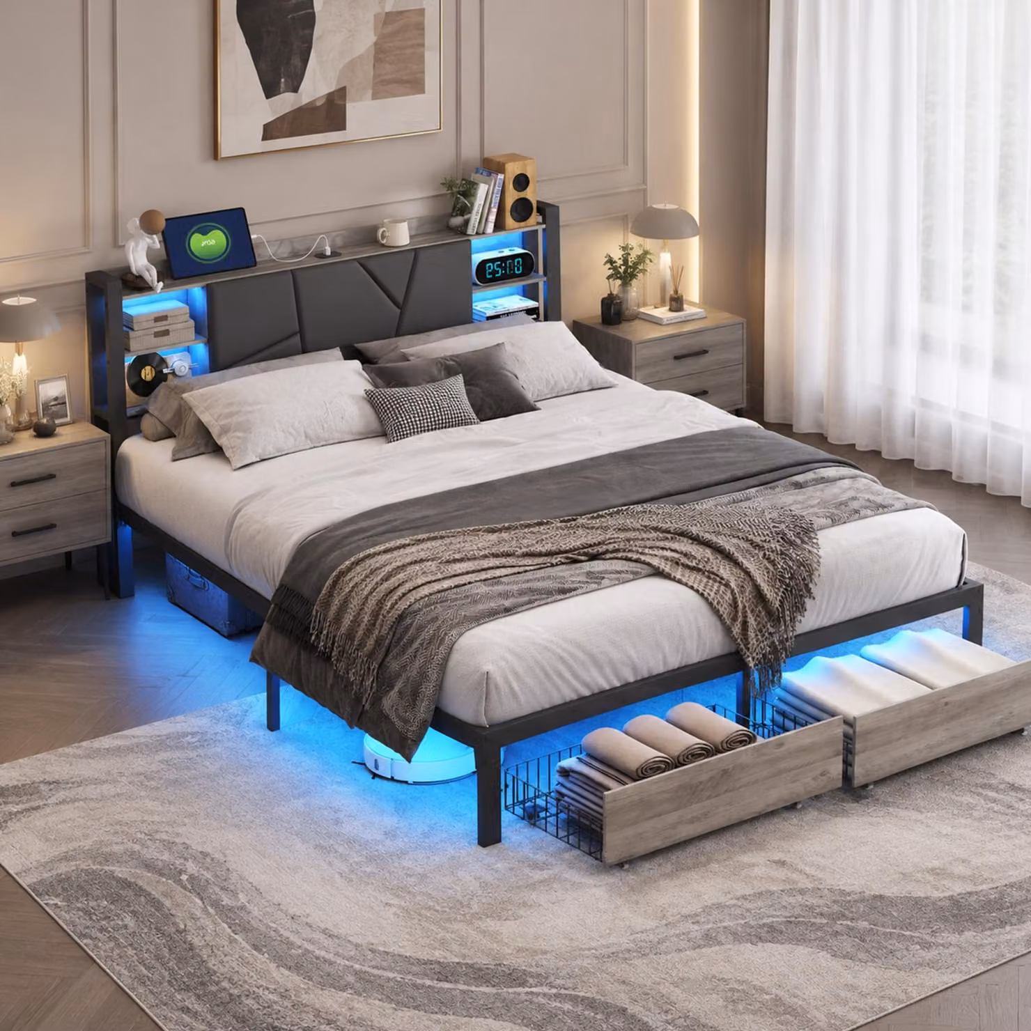 Letto matrimoniale in metallo INONEFT, 140x200 cm, con LED e USB, dotato di due cassetti e testiera contenitore, ideale anche come letto per ragazzi, con rete a doghe, rivestito in PU, colore nero
