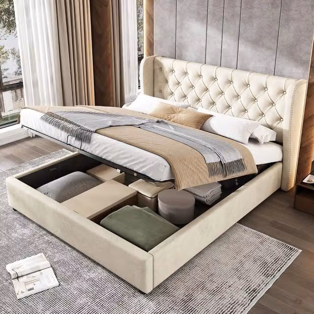 Letto imbottito contenitore ¨C Minimal ¨C beige velluto 140x200 cm rete a doghe idraulico