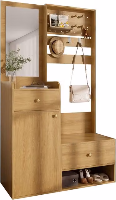 Mobile da ingresso con specchio; ganci in legno regolabili; 2 cassetti e armadietto; truciolato; effetto legno; 105 cm