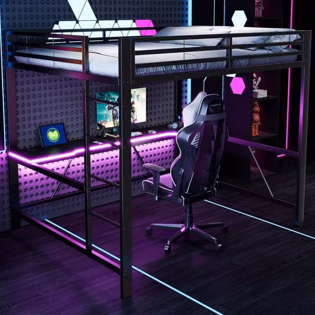 Struttura letto a soppalco in metallo per gioco 160 x 200 cm con illuminazione LED, stazione di ricarica USB e scrivania - Nero