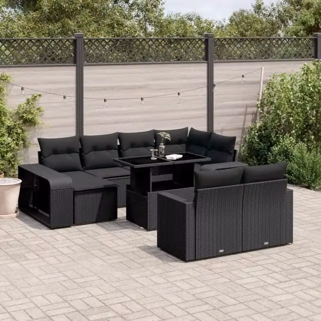 Set da giardino moderno vidaXL composto da 11 pezzi in polyrattan nero con cuscini imbottiti e tavolino da esterno