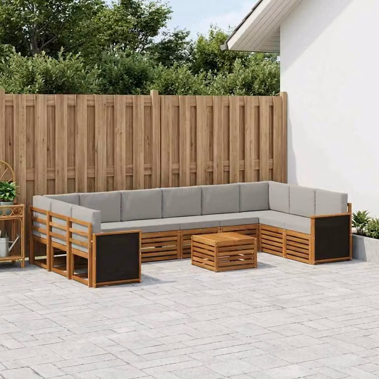 Set di divani da esterno vidaXL 8 pz in legno di acacia con tavolo da caffè e cuscini, colore beige e grigio