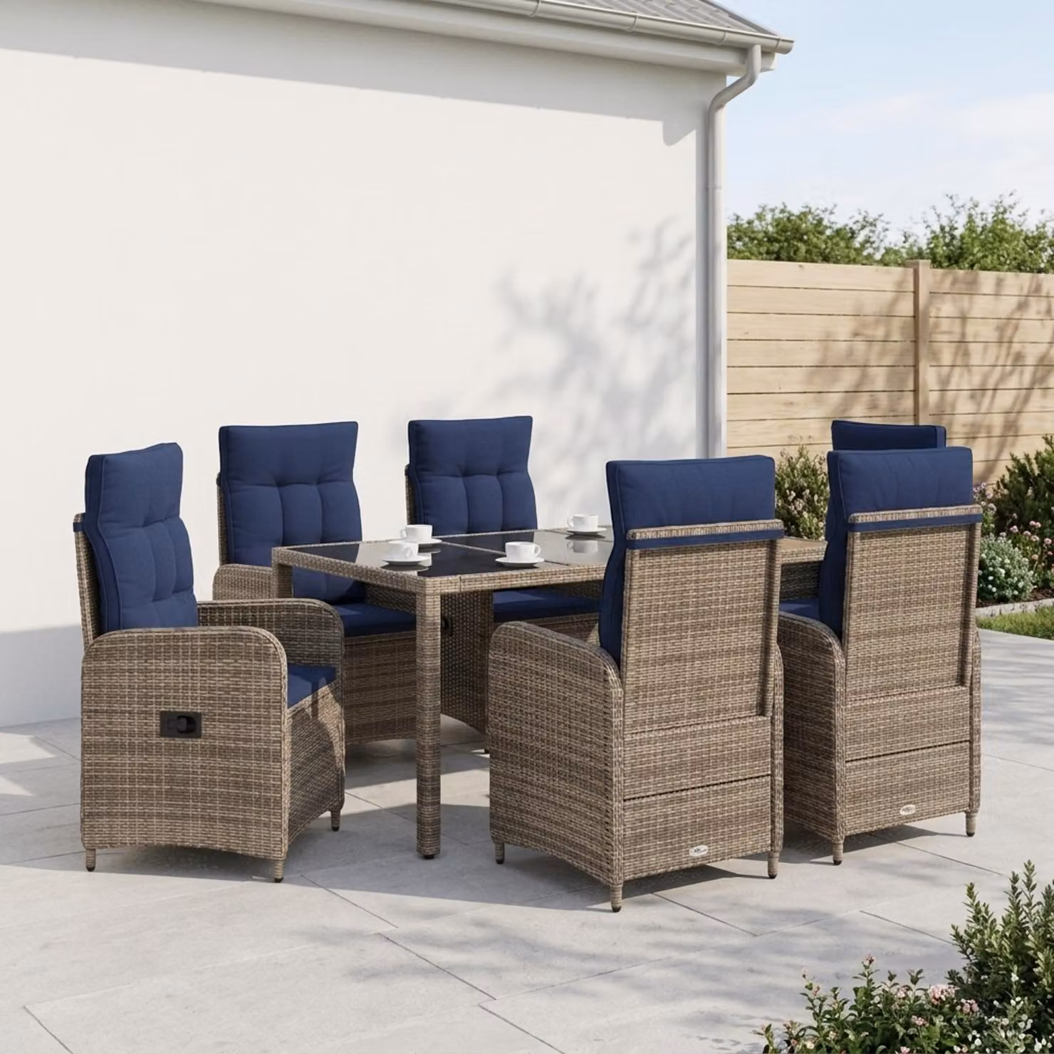 Set da pranzo per esterni vidaXL in polyrattan da 7 pezzi con tavolo in vetro, grigio e blu, L: 150 cm, P: 90 cm, H: 75 cm