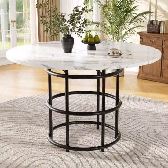 Tavolo da pranzo rotondo (100x100x76 cm), tavolo da giardino, tavolo da pranzo e da soggiorno per 4-6 persone, con gambe in metallo a forma di anello, piano del tavolo in MDF decorato con gambe nere