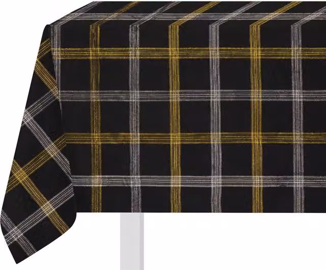 Tovaglia natalizia in cotone con motivo tartan beige, oro e nero, L: 320 cm, P: 140 cm – 1
