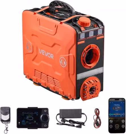 Riscaldatore Diesel Portatile All-in-One VEVOR 5-8KW DC 12V con Controllo App Bluetooth, Telecomando e Schermo LCD, Colore Arancione, Serbatoio da 4,5 L