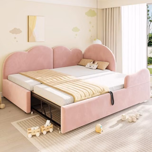 Letto Imbottito a L con Letto Estrattibile REDOM in Velluto Rosa L/P/H: 200 x 90 x 51,2 cm