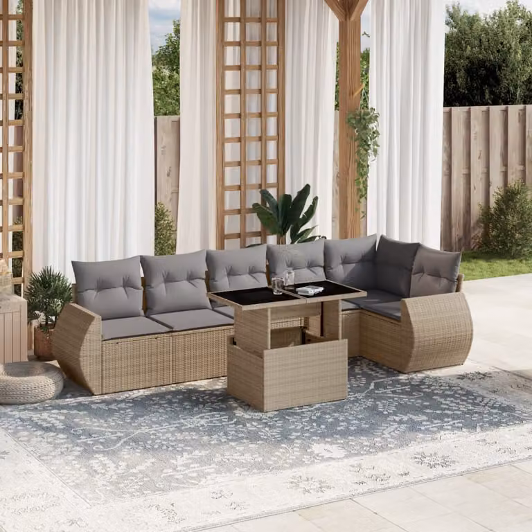 Set di divani da giardino vidaXL in polyrattan beige con cuscini e tavolino da esterno a forma di L