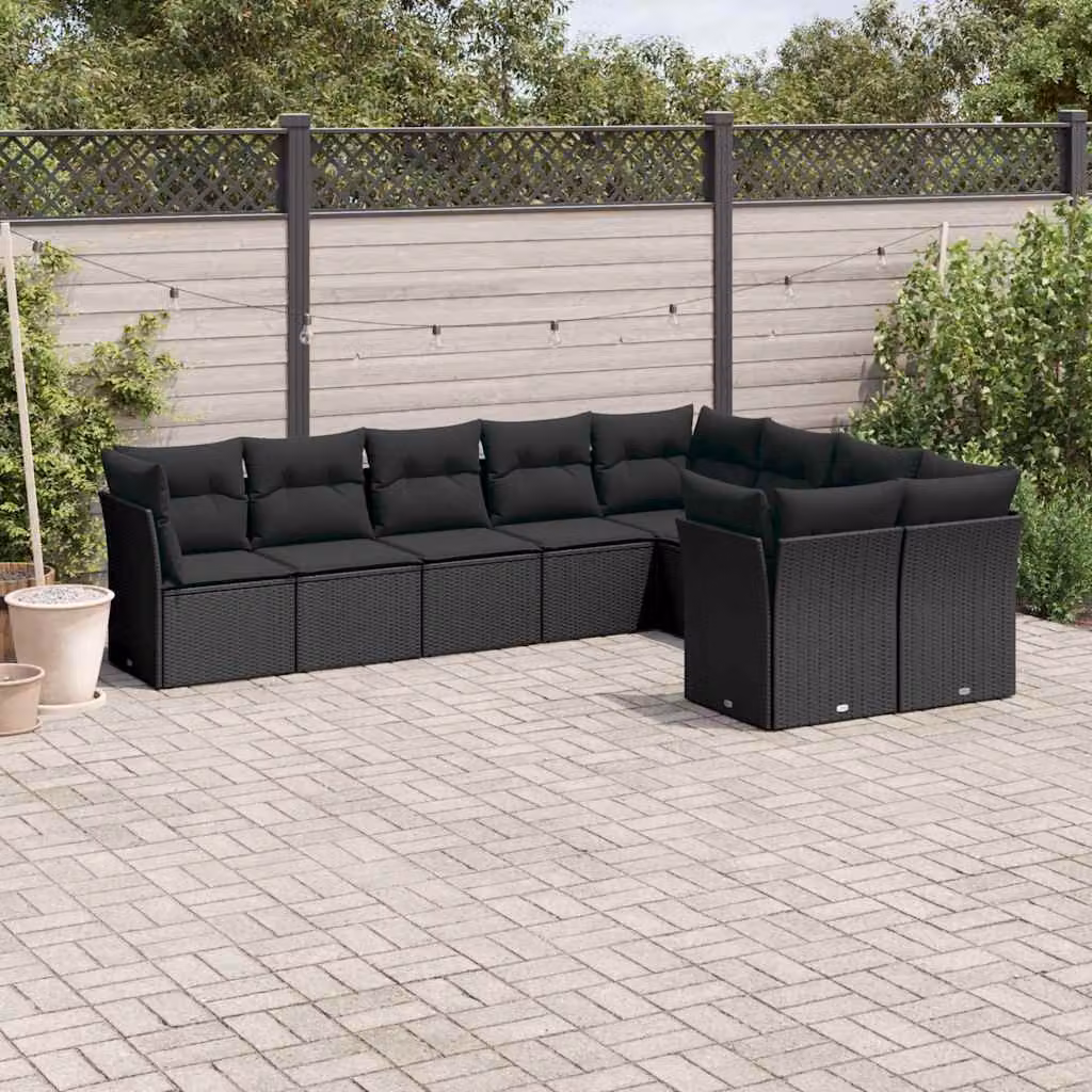 Set di divani da giardino vidaXL a forma di L composto da 9 pezzi con cuscini neri in polyrattan e struttura in acciaio verniciato a polvere – 1