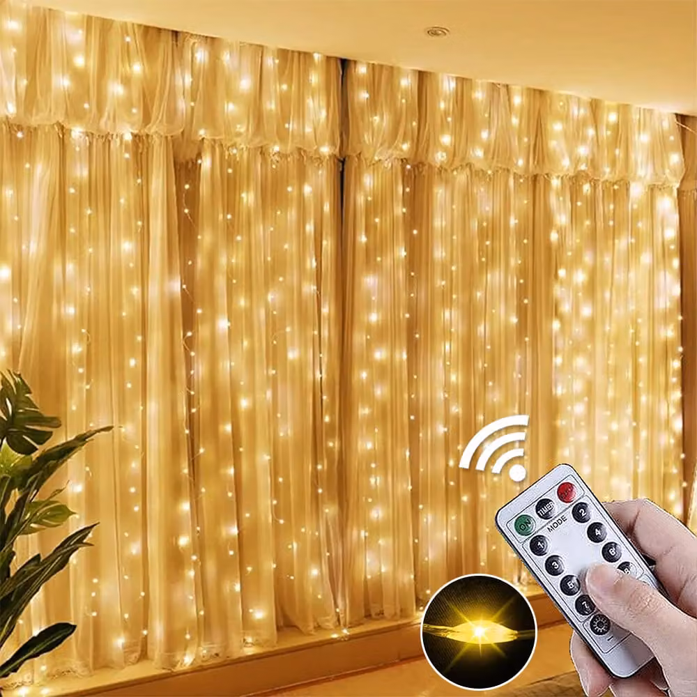 3x1M 100LEDs LED luci fiabesche bianco caldo con 8 modalità e timer festa interna giardino finestra parete decorazione natalizia luci tenda PVC