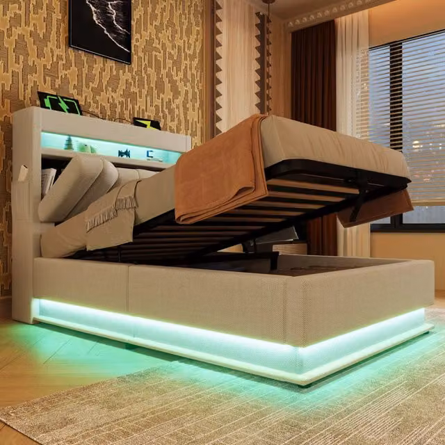 Letto singolo imbottito 90 × 200 cm con contenitore idraulico testiera con ricarica USB e Type-C LED in lino beige