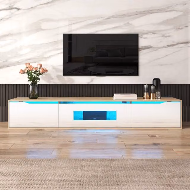 Mobile TV lucido bianco e legno con LED a cambio colore