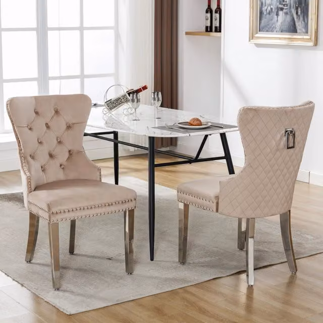 Sedia da Pranzo Imbottita in Velluto con Gambe in Metallo ¨C MINIMAL ¨C Beige, Set 2 Pezzi
