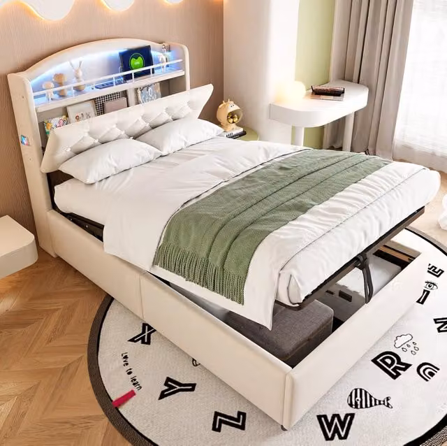 Letto bambini 90x200 cm beige in flanella con LED, USB e vano contenitore