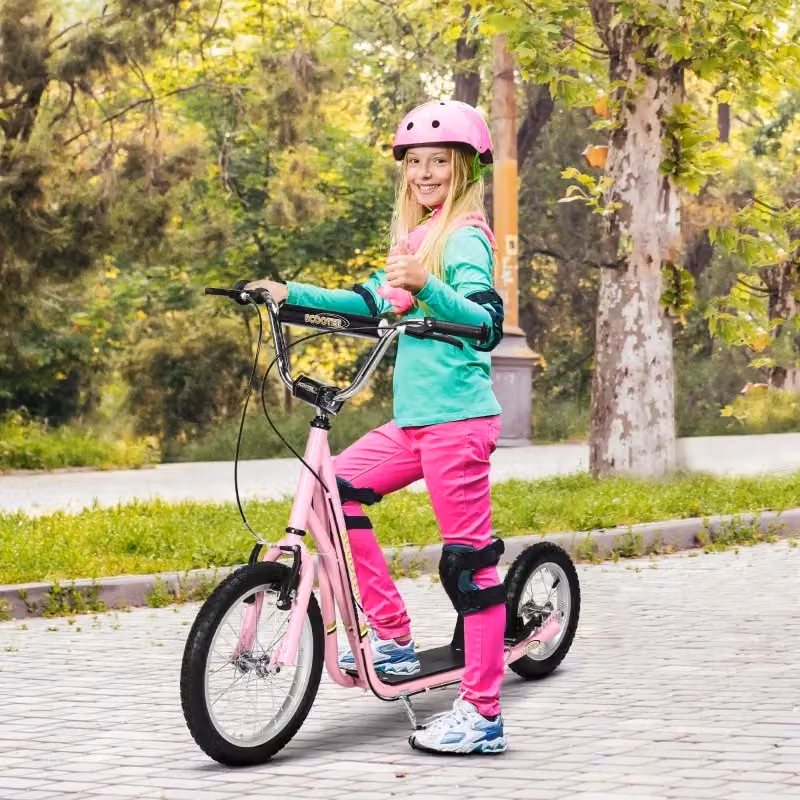 Monopattino per bambini con pneumatici ad aria e freno a mano, regolabile in altezza, rosa, 16 pollici – 2