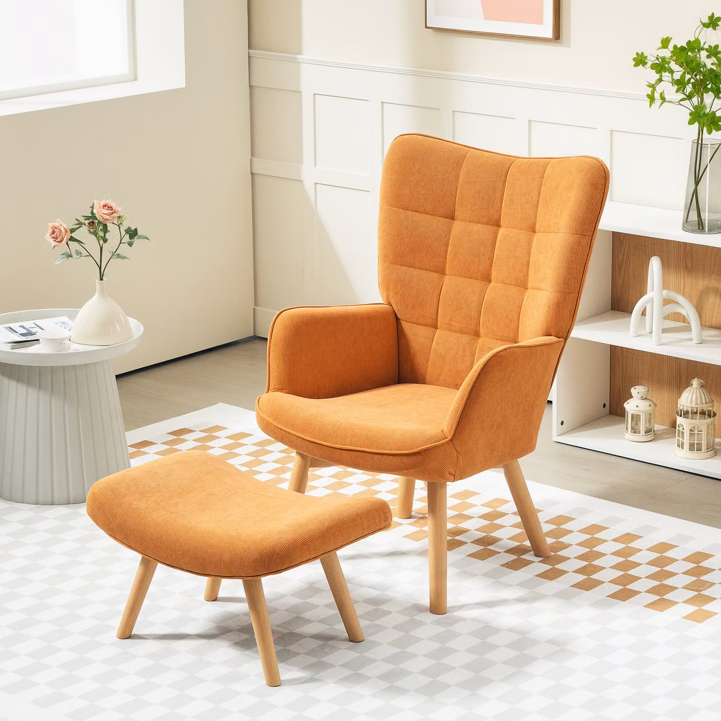 Poltrona Relax HOMCOM con Pouf e Braccioli in Legno, Design Moderno in Corda e Tessuto, Marrone e Arancione – 2