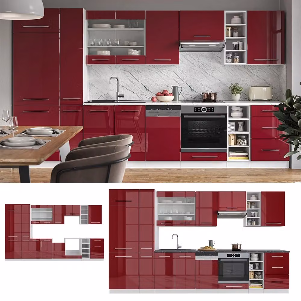 Cucina componibile moderna Fame-Line Vicco Bordeaux lucido e Bianco con piano in marmo, L: 355 cm – 2