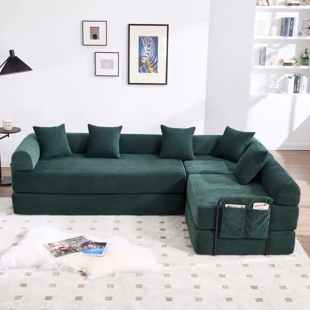 Divano modulare ampio con funzione letto e tasca laterale per soggiorno in velluto a coste verde smeraldo
