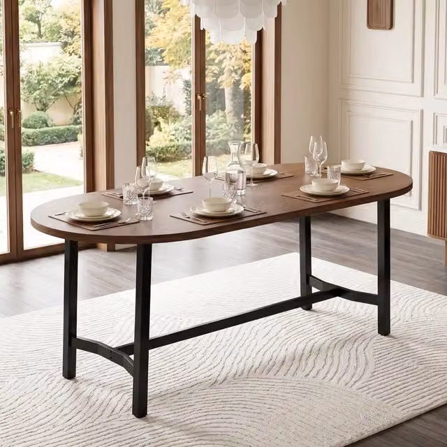 Tavolo da pranzo moderno OKWISH in legno e metallo marrone con angoli arrotondati L: 180 cm, P: 80 cm, H: 75 cm – 1