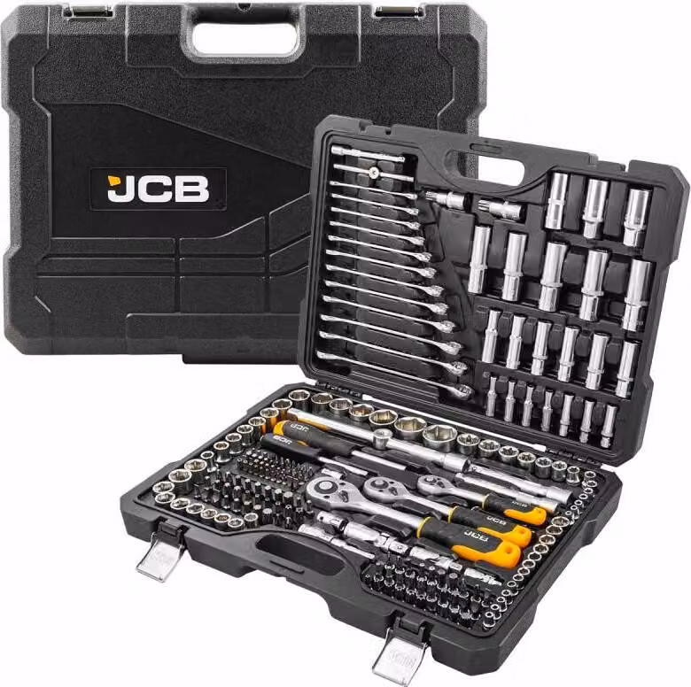 JCB | Set di chiavi a bussola, 218 pezzi, acciaio al cromo vanadio, 1/4", 3/8", 1/2", custodia a cricchetto, bussole esagonali, cricchetto reversibile