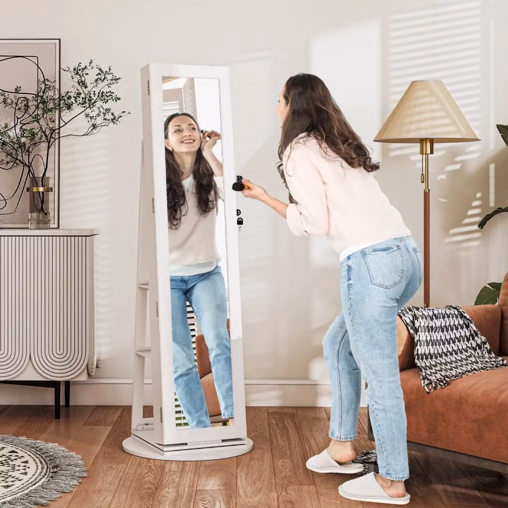 Specchio Portagioie 3 in 1 Giordanoshop Girevole a 360° e Autoportante in MDF Bianco, H 161 cm x L 55 cm x P 55 cm – 2