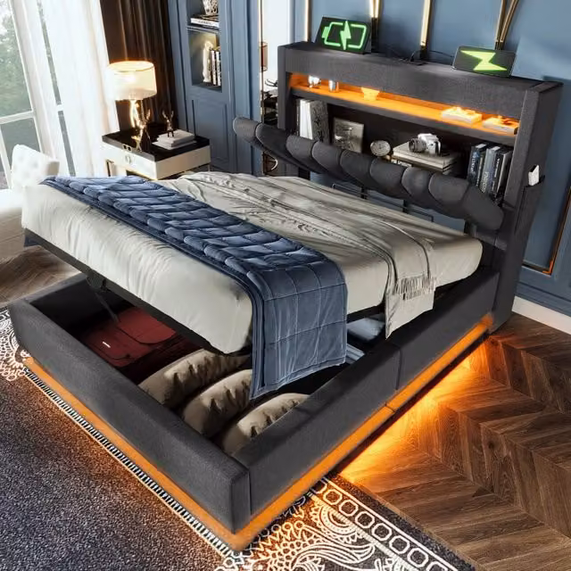 Letto imbottito REDOM in tessuto grigio con vano contenitore a sollevamento, illuminazione LED, porta USB e mensola integrata, L/P/H: 90 x 200 x 45.5 cm
