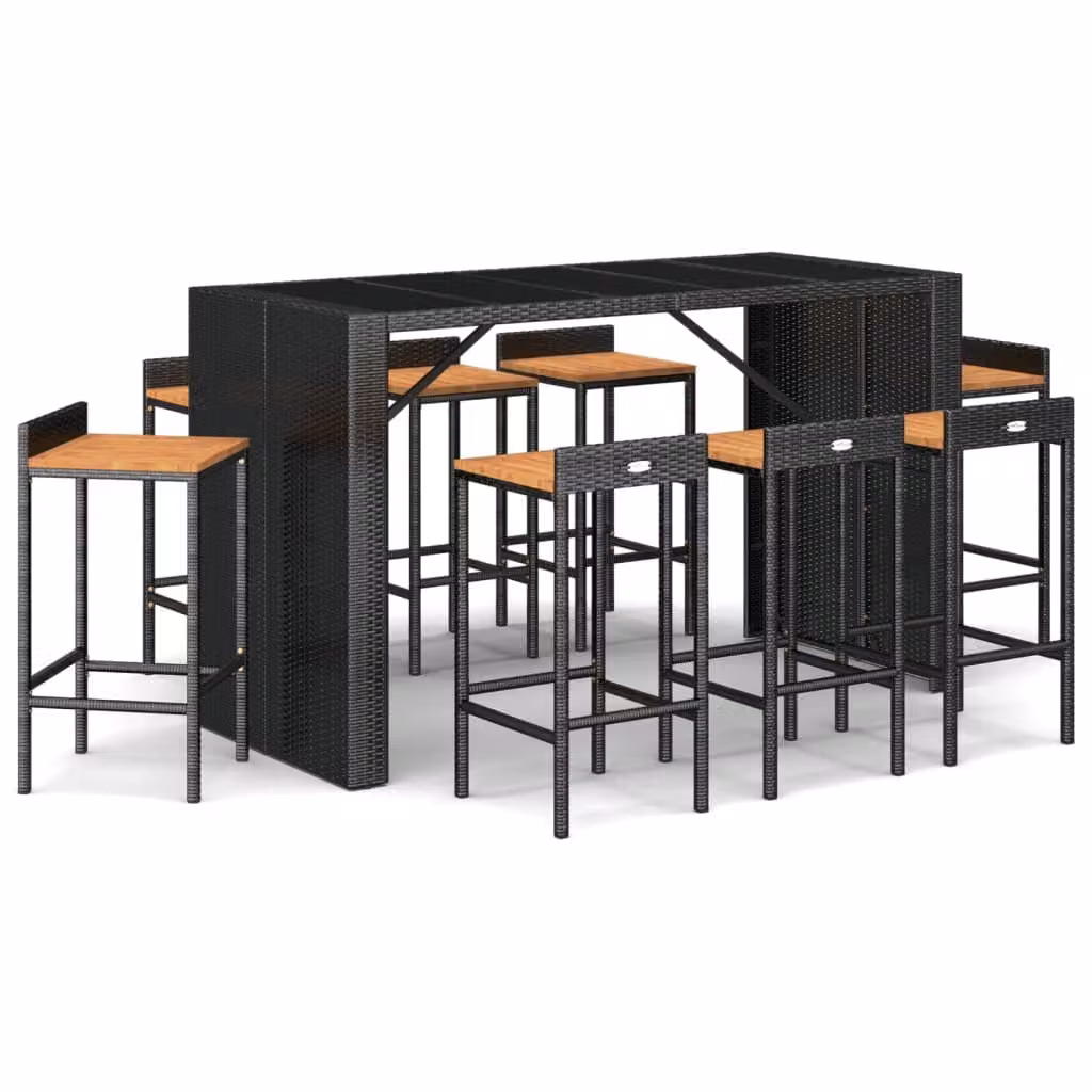 Set Bar Giardino 9 pz Nero Polyrattan e Legno Massello Acacia