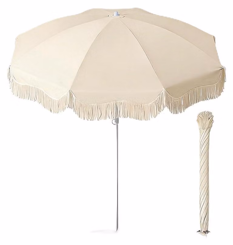 Ombrello da spiaggia 150 cm, stile boho chic, con frange, color beige-pesca, resistente all'acqua, protezione UV 50+