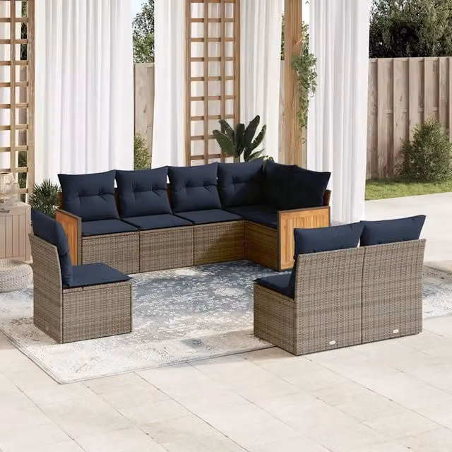 Set di divani da giardino vidaXL a forma di U in polyrattan e legno di acacia con cuscini grigi e blu, composto da 8 pezzi – 1