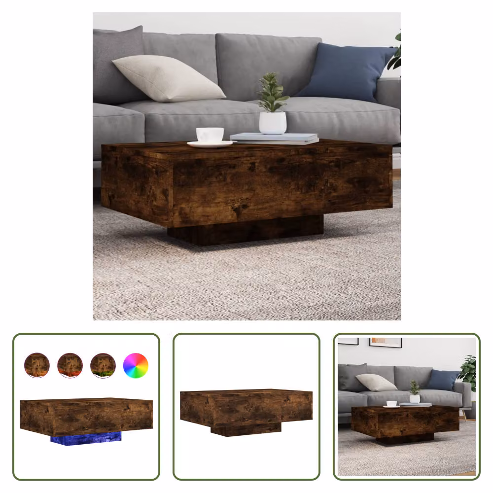 The Living Store tavolino con luci LED rovere fumé 85x55x31 cm