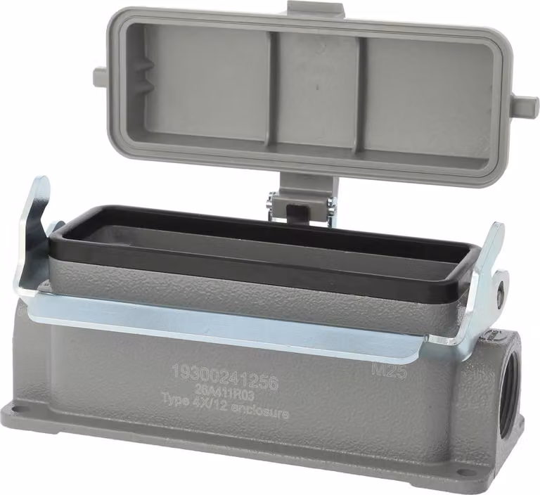 HARTING Han 24B Base bassa, 1xPG21 uscita cavo laterale, con 1 staffa longitudinale con cappuccio protettivo in plastica - 1