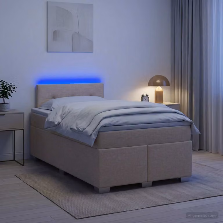 Letto Box Spring vidaXL con Materasso Ibrido, Illuminazione LED e Porta USB, Beige, L/P/H: 120 x 200 cm