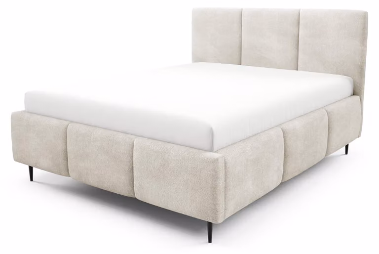 Letto imbottito con contenitore integrato, modello Melora, color sabbia, dimensioni 160 x 200 cm