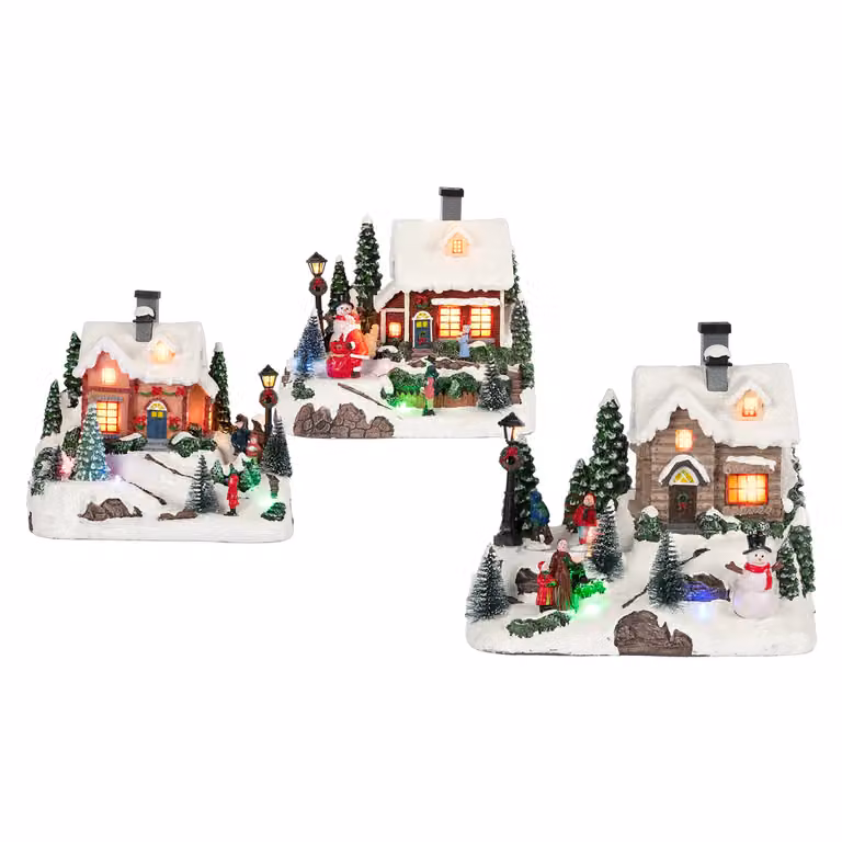 Casetta Natalizia Innevata con Movimento, LED Multicolor e Musica Vestiamo Casa, Bianco/Multicolor, H 21 cm x L 24 cm x P 18 cm