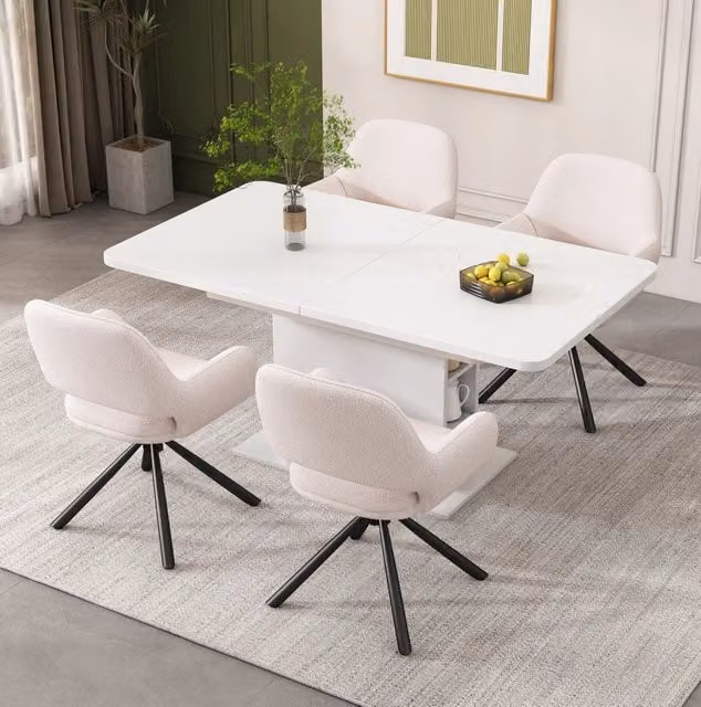 Set da 4 Sedie da Pranzo Girevoli con Rivestimento Sherpa Bianco e Braccioli, Design Moderno e Semplice