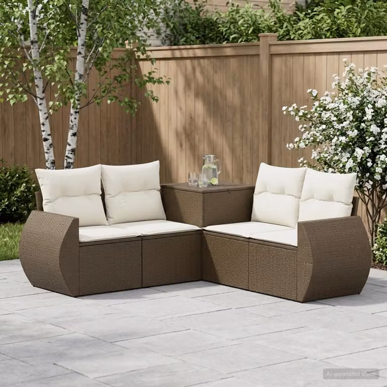 Set di divani da giardino vidaXL a forma di L con cuscini, marrone e bianco crema