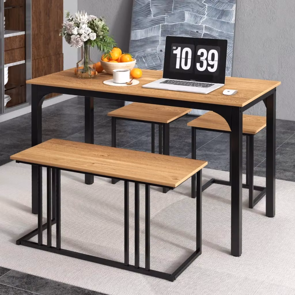 Set da pranzo industriale in legno e metallo composto da tavolo rettangolare, panca e 2 sgabelli, colore marrone – 2