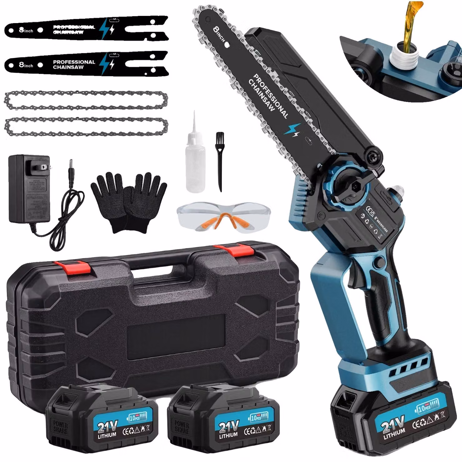 Troncatrice a catena, motore brushless, design leggero, colore blu, lama da 8 pollici, due batterie