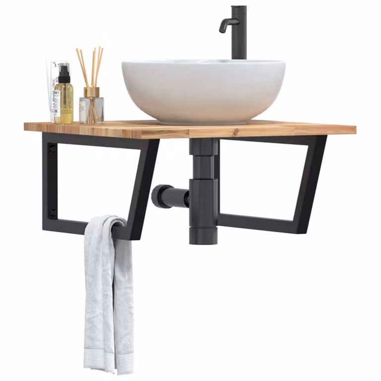 vidaXL Ripiano a Parete per Lavabo in Acciaio e Legno di Acacia, Nero e Marrone