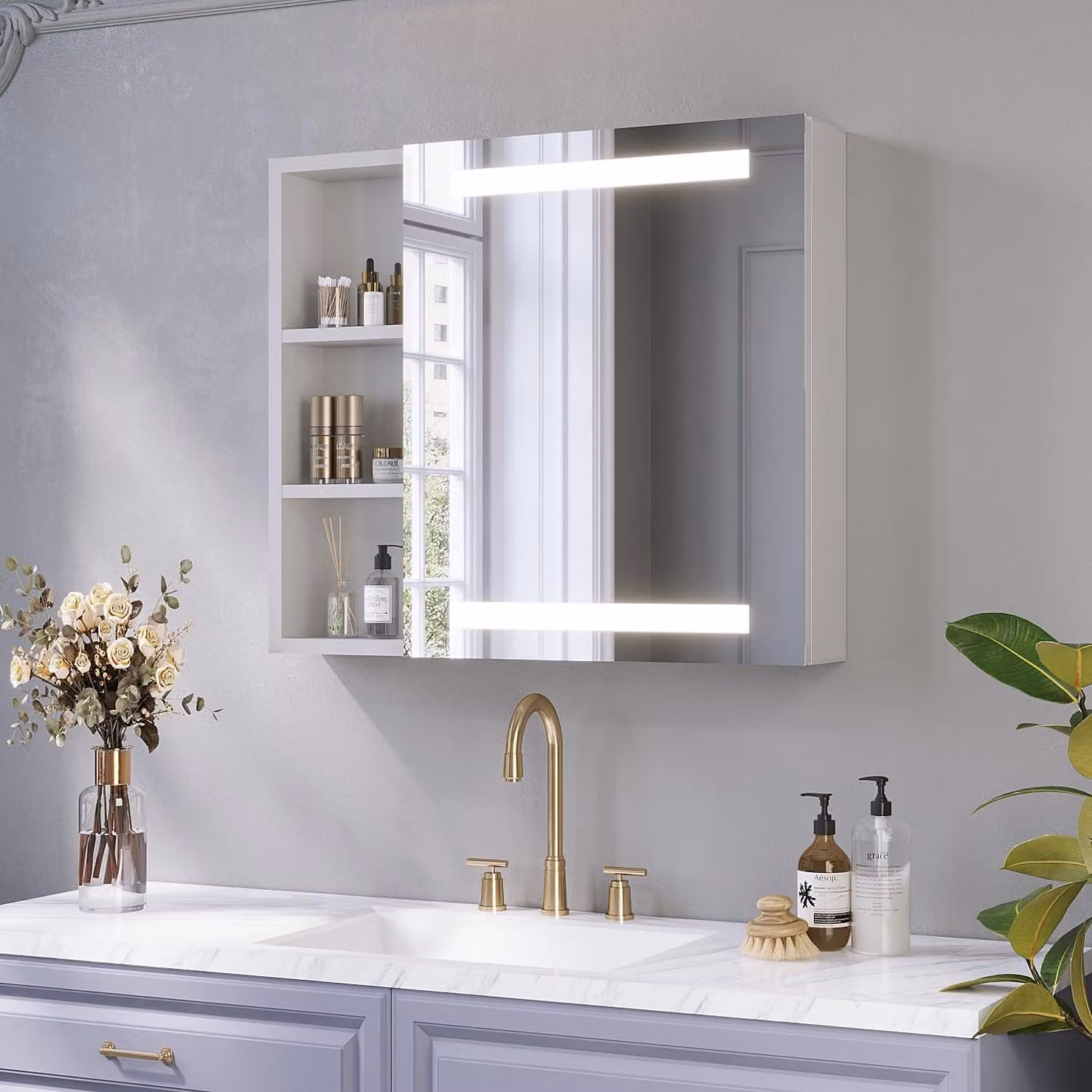 Specchio da bagno con illuminazione a LED, dimensioni 70x60 cm, dimmerabile, con presa di corrente, finitura argento opaco
