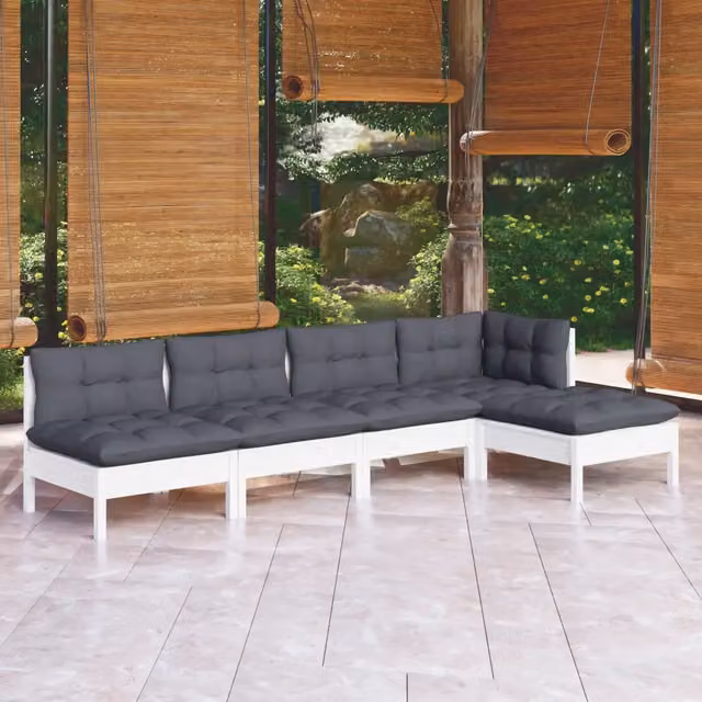 Set Divani da Giardino 5 pz con Cuscini Bianchi Legno di Pino 3096335