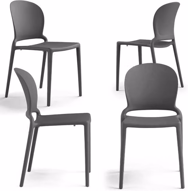 Set 4 sedie in polipropilene JASMINE, impilabile, resistente ai raggi UV, design moderno, ideale per sala da pranzo, cucina, sala d’attesa, bar, ristoranti o giardino colore Cemento