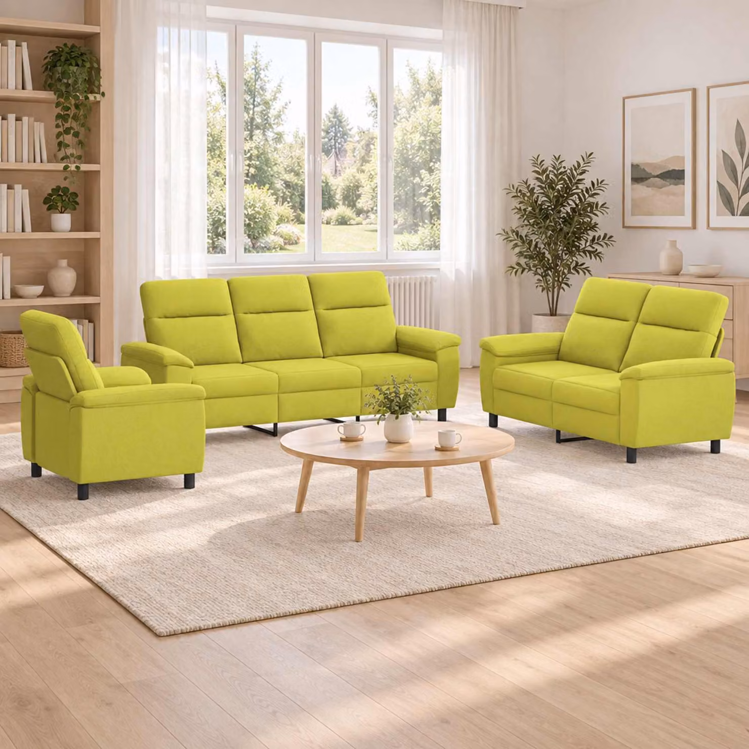 Set di divani moderno vidaXL composto da 3 pezzi in tessuto verde con struttura in metallo e cuscini inclusi