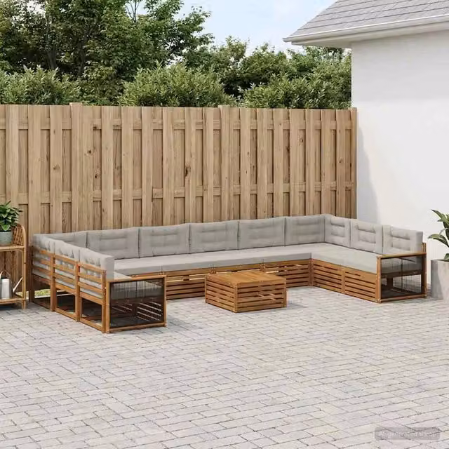 Set di divani da giardino a forma di U vidaXL in legno di acacia con cuscini beige e grigi, 11 pezzi